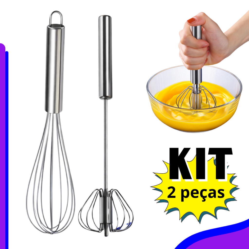 Foê Fouet Inox Premium Profissional + Batedor Manual Creme Ovos Massa Alta Resistência mix manual