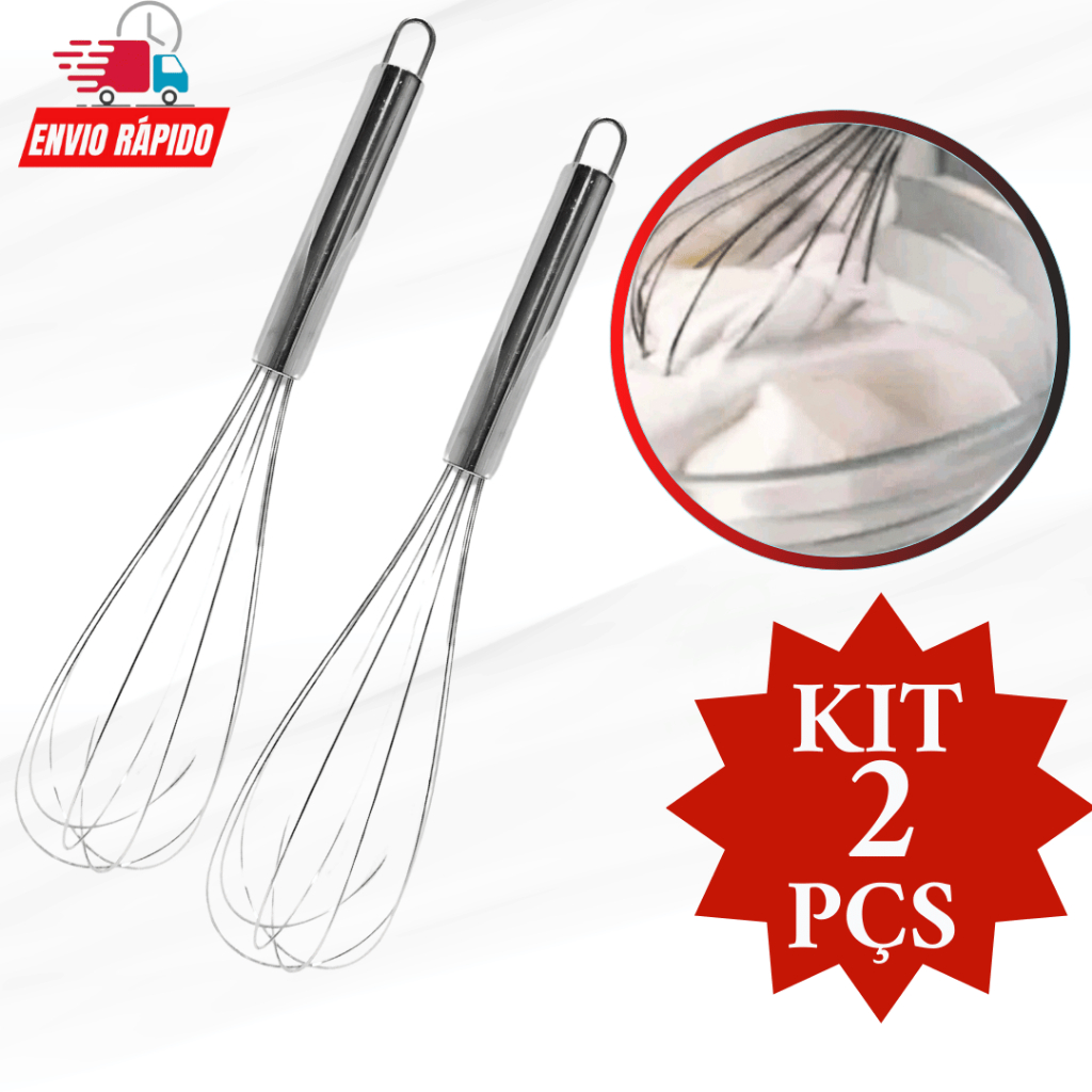 Kit Conjunto 2 Peças Batedor de Ovos Misturador Manual Fouet Fuê Inox Cozinha Confeitaria