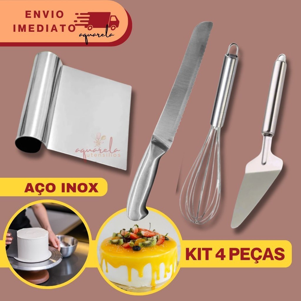 Kit 4 Pçs  Espátula Tubular + 1 Faca de Pão + 1 Espátula + 1 Fuê Fouet Batedor Aço Inox