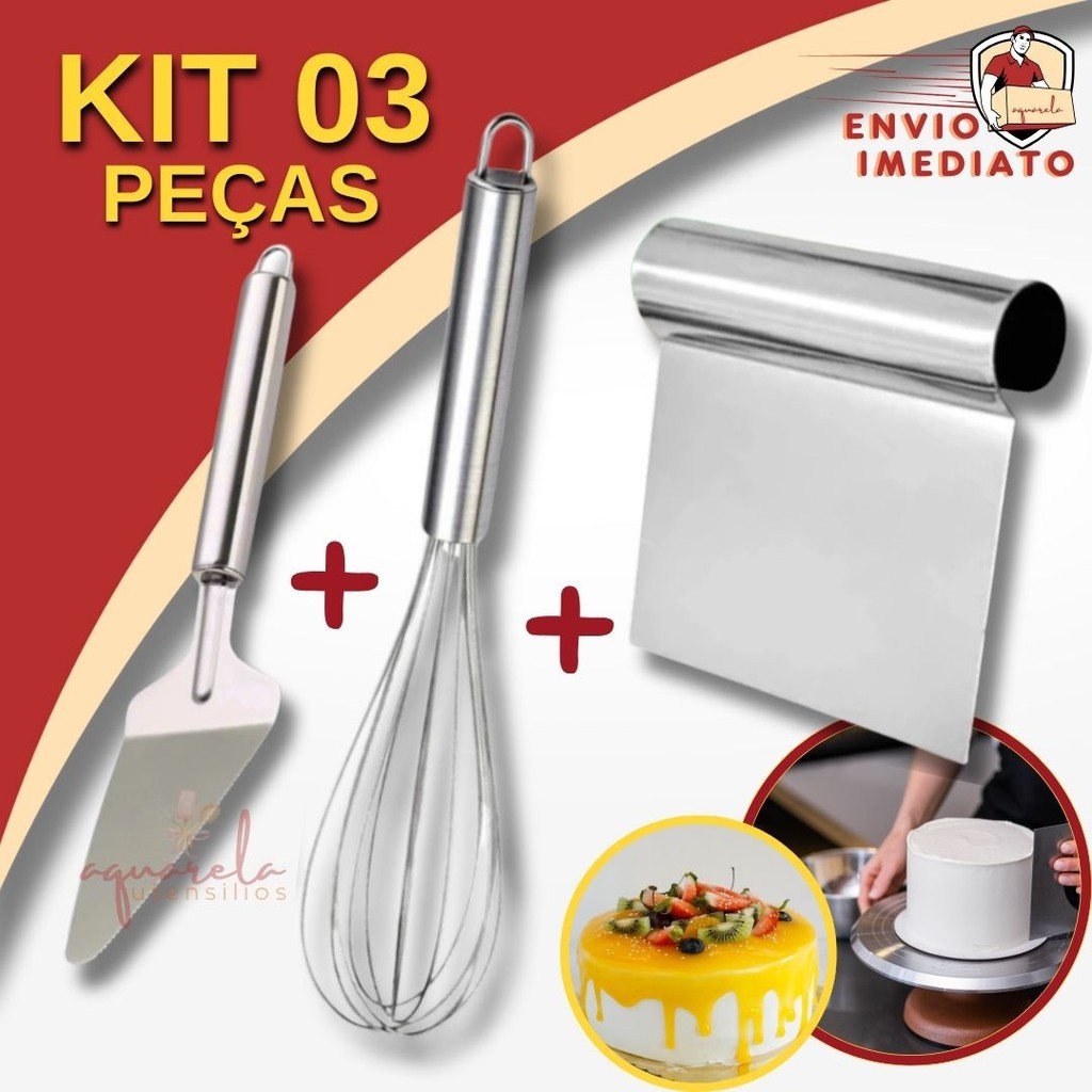 Kit 3 Pçs 1 Espátula Tubular + 1 Espátula Para Cortar Bolo + 1 Fuê Fouet Batedor Aço Inox