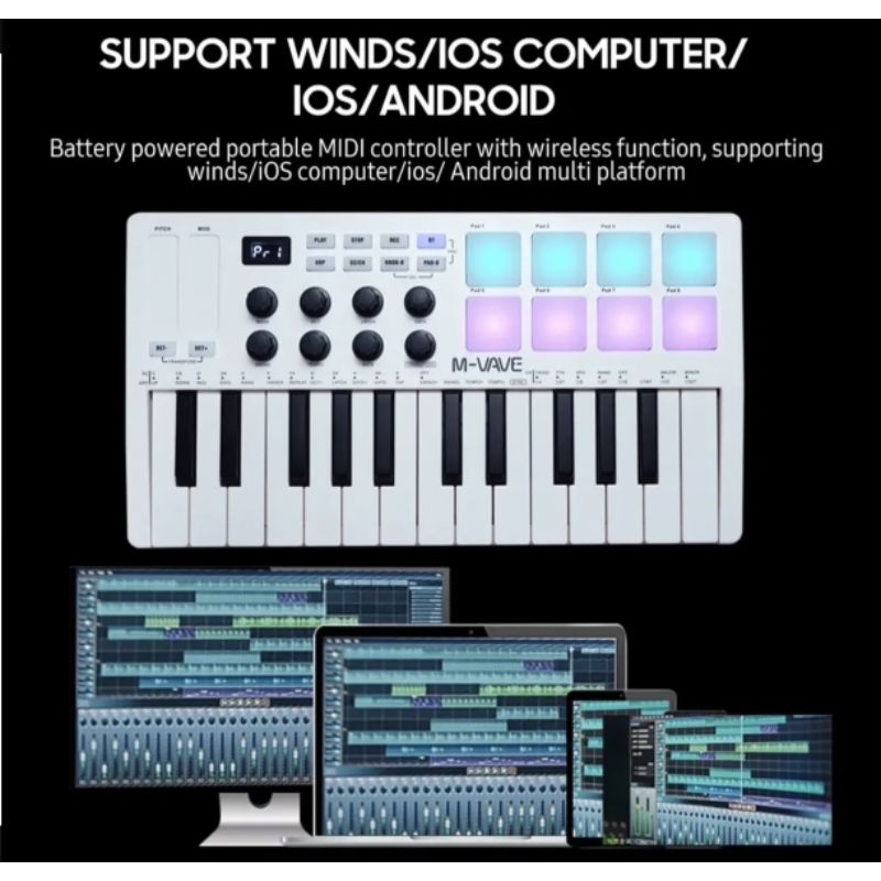 M-VAVE Portátil Mini 25-Key USB MIDI Teclado Controlador Com 8 Backlit Drum Pads 8 Botões 8 RGB Keyboard Instruments