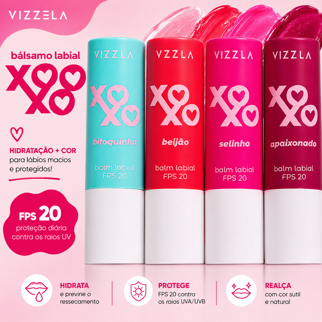 Hidratante labial Balm Labial Xoxo Fps 20 VIZZELA Lip Balm Protetor Labial FPS 20 Hidratante Labial Com Cor