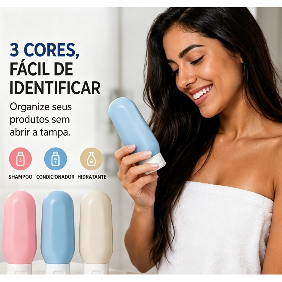 Kit frascos de viagem coloridos tampa flip, material PE espesso vedação anti vazamento