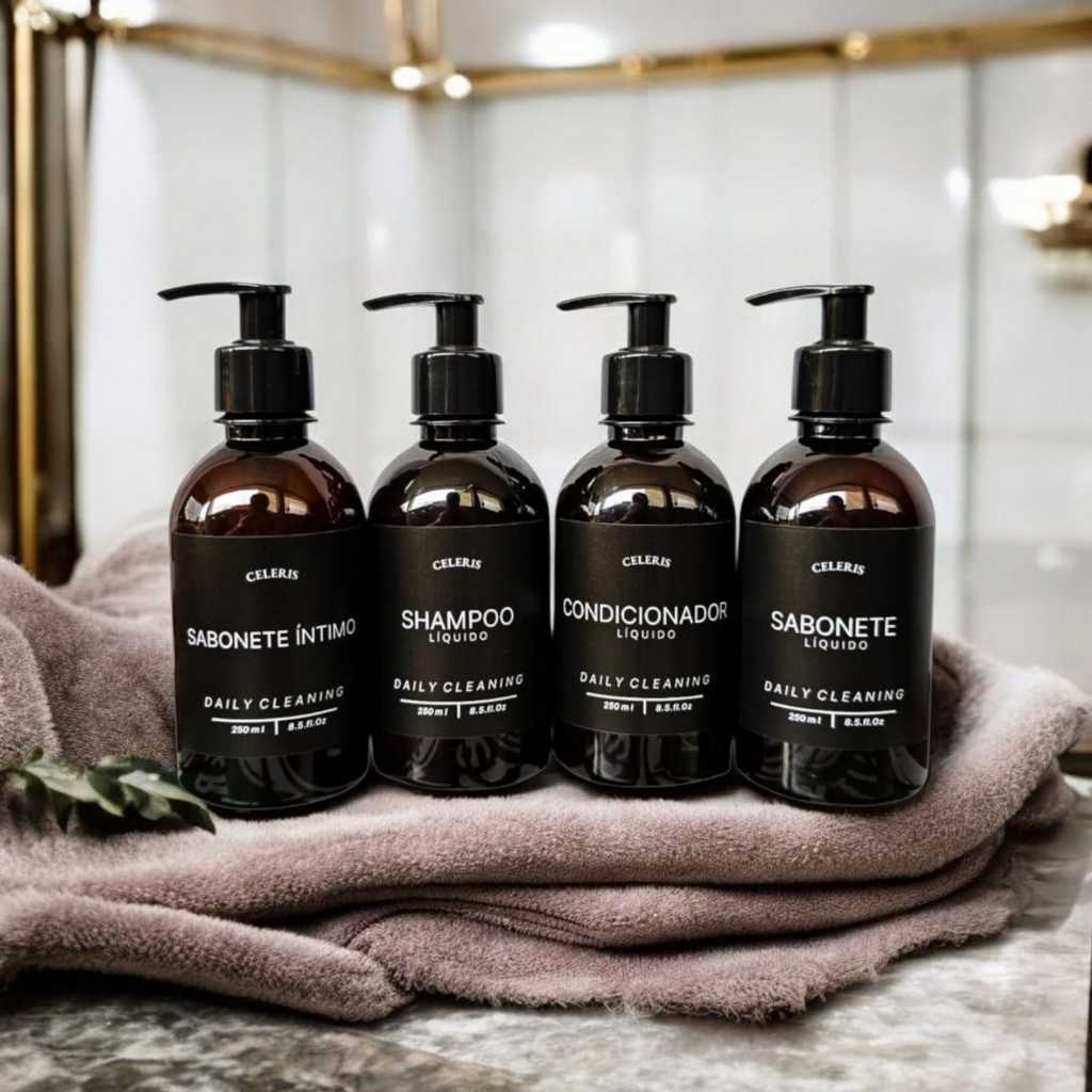 Kit 4 Frascos Âmbar 250ml para Viagem | Shampoo Condicionador Sabonete Líquido | Dispenser Organizador