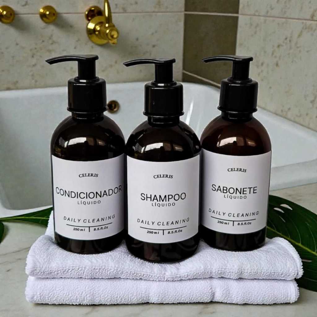 Kit Viagem 3 Frascos 250ml Âmbar com Pump | Shampoo Condicionador Sabonete Líquido Organizador de Banheiro