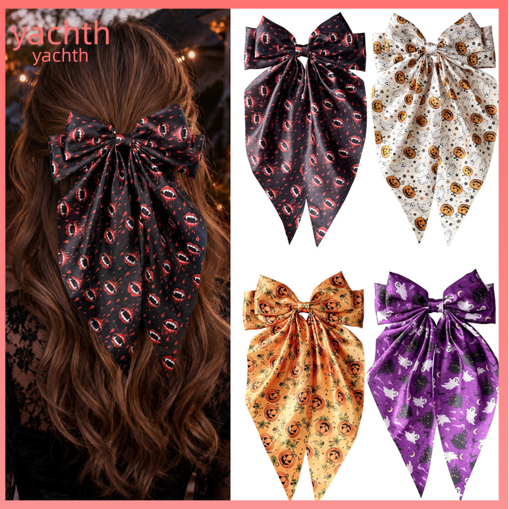 Satin Ribbon Hair Accessories Bow Clips Halloween Bows for Women Girls Vintage Barrette with Long Tails Ghost Pumpkin Bl