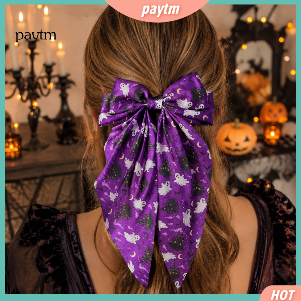 Hair Clips for Long and Medium Halloween Barrettes Bows for Women Girls Vintage Ribbon Barrette with Tails Ghost Pumpkin
