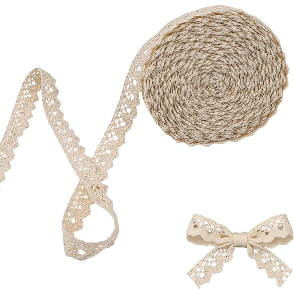 10 Yards Vintage Lace Ribbon, 0.59“ Beige Crochet Lace Trim for Sewing, Cotton Ribbon Lace for Crafts, Gift Package Wrap