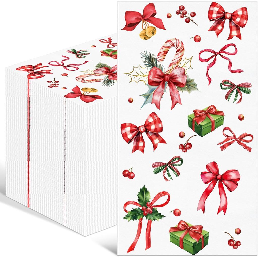 Pajean 100 Pack Christmas Paper Guest Napkins Vintage Disposable Bathroom Napkins Candy Cane Buffalo Plaid Ribbon Bow Ch