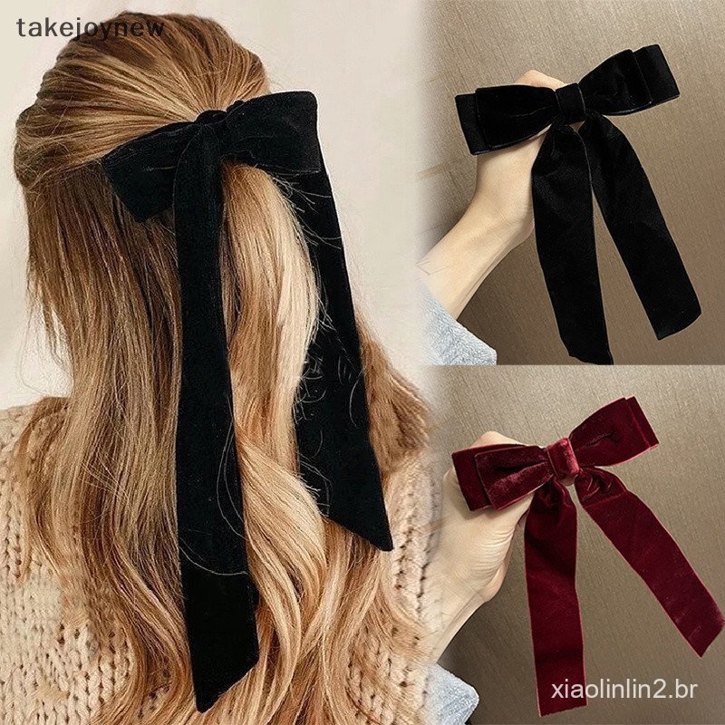 [takejoynewBR] Grampos De Cabelo Em Veludo Vintage Barrettes For Women Girls Wedding Long Ribbon Clip Coreano Hairgrip A