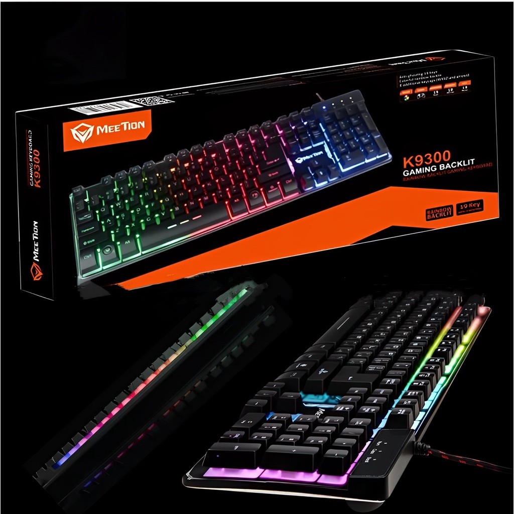Teclado Meetion K9300 para jogos retro iluminado com arco-íris colorido