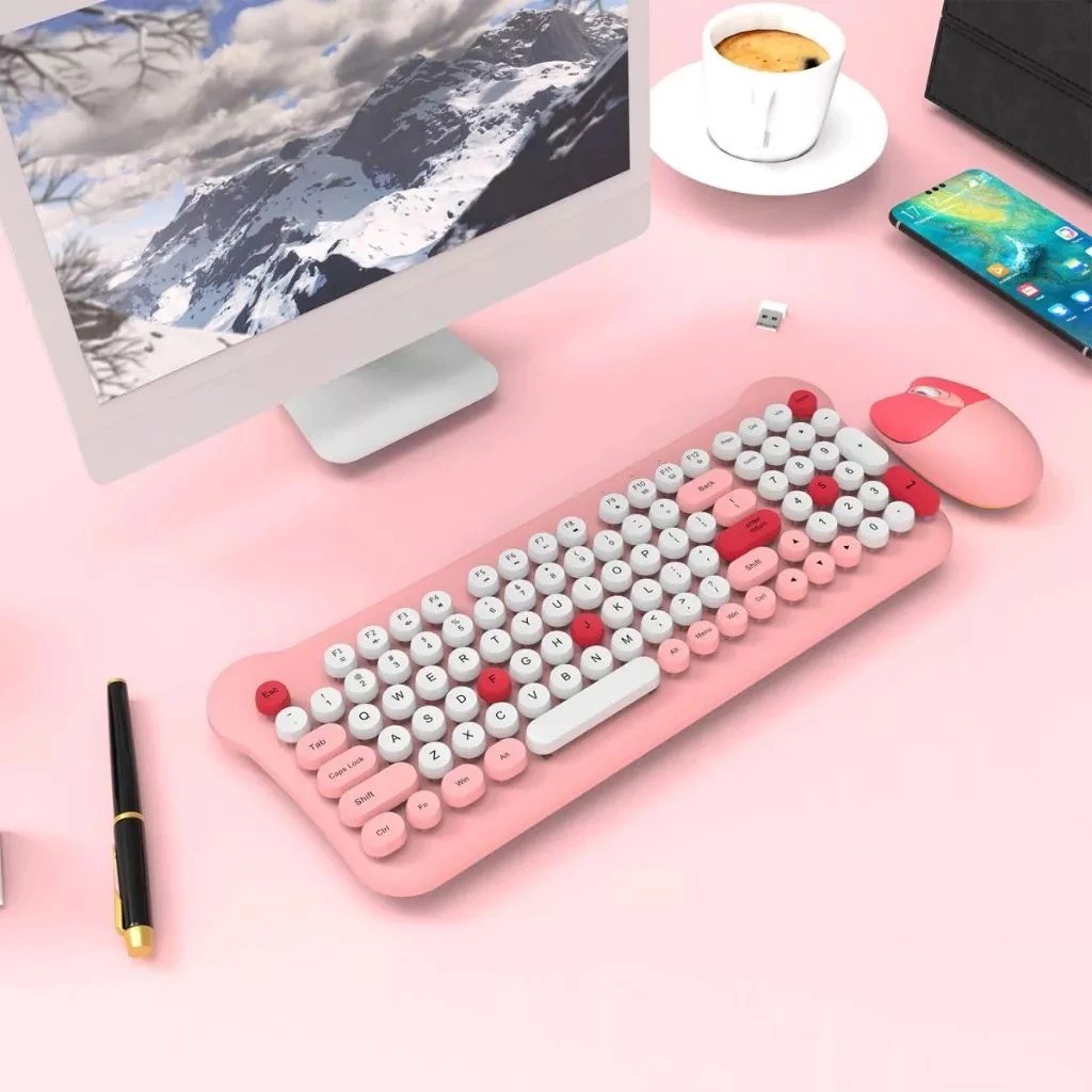 Teclado e Mouse Laser Gamer Personalizado Sem Fio Hello Gatinho Combinação Colorida P.HQ