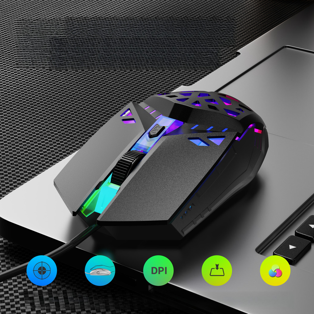 Mouse gamer com fio colorido e brilhante