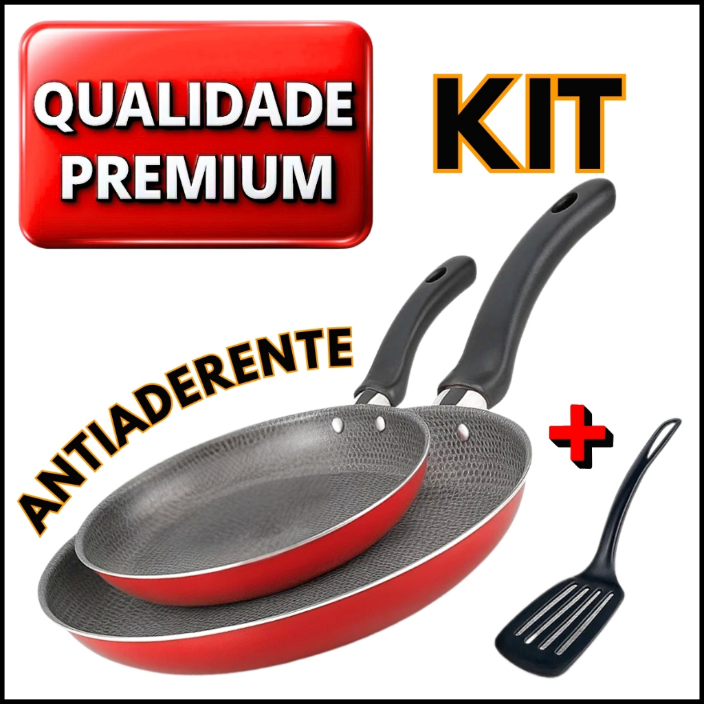 Frigideira Francesa Vermelha Teflon Antiaderente Kit  22 cm e 18 cm Alta Qualidade e Design Moderno mais Espatula