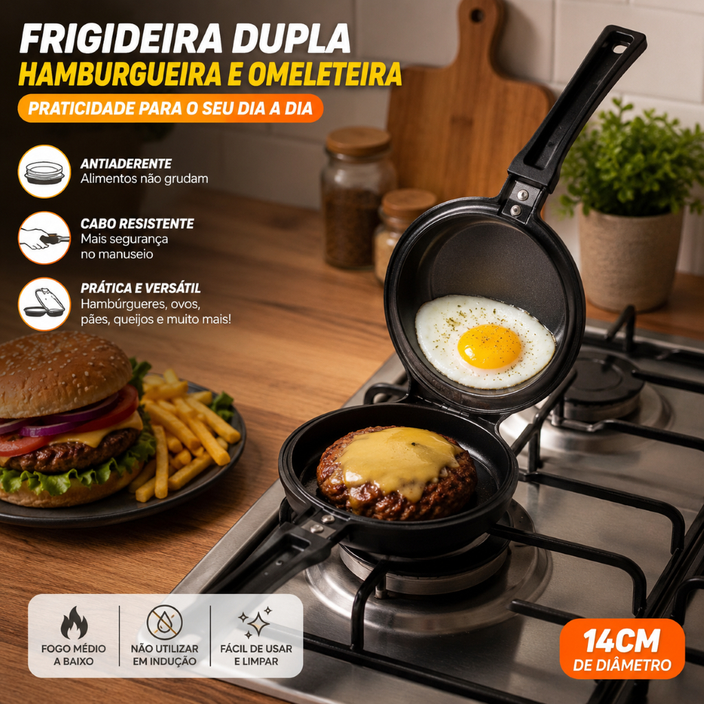 Frigideira Dupla Hamburgueira e Omeleteira fritadeira Antiaderente 14 Cm  Preto