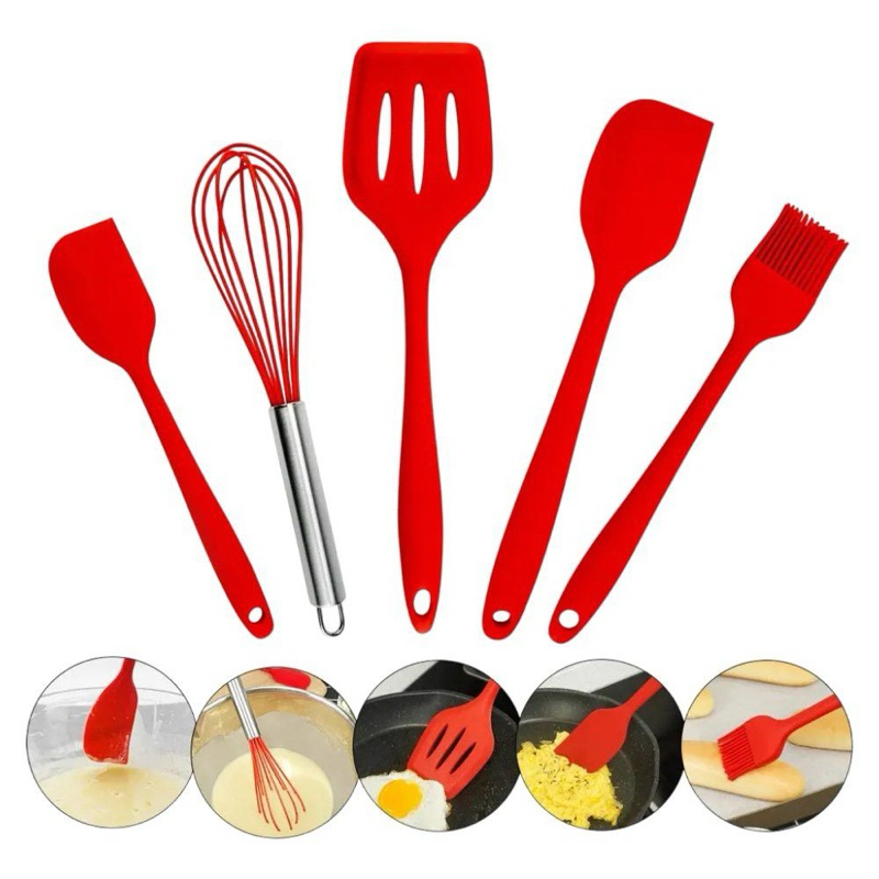 Kit Utensilios de Cozinha 5 Espátulas de Silicone Preta e Vermelha Antiaderente Não Arranha