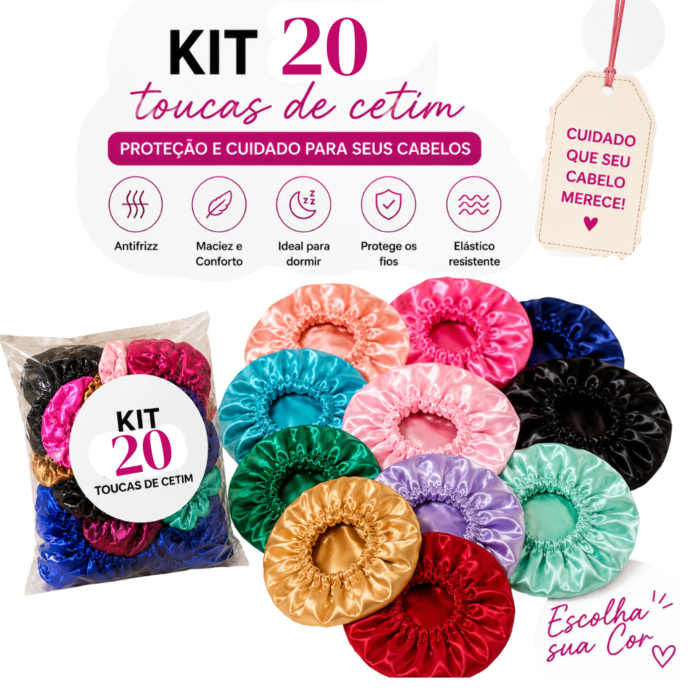 KIT  20 TOUCAS DE CETIM ANTIFRIZZ :  SORTIDAS, ROSA, AZUL CLARO ou ESCURO, LILÁS, VERMELHA, PRETAS