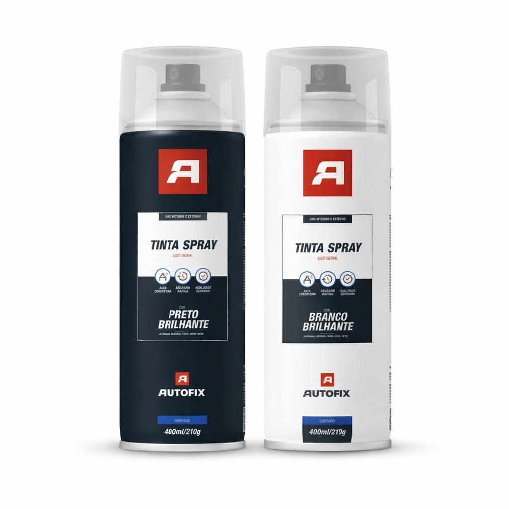 Kit 02 Tinta Spray Preto Brilhante + Branco Brilhan 400ml Autofix Plástico Metal Madeira Automotivo