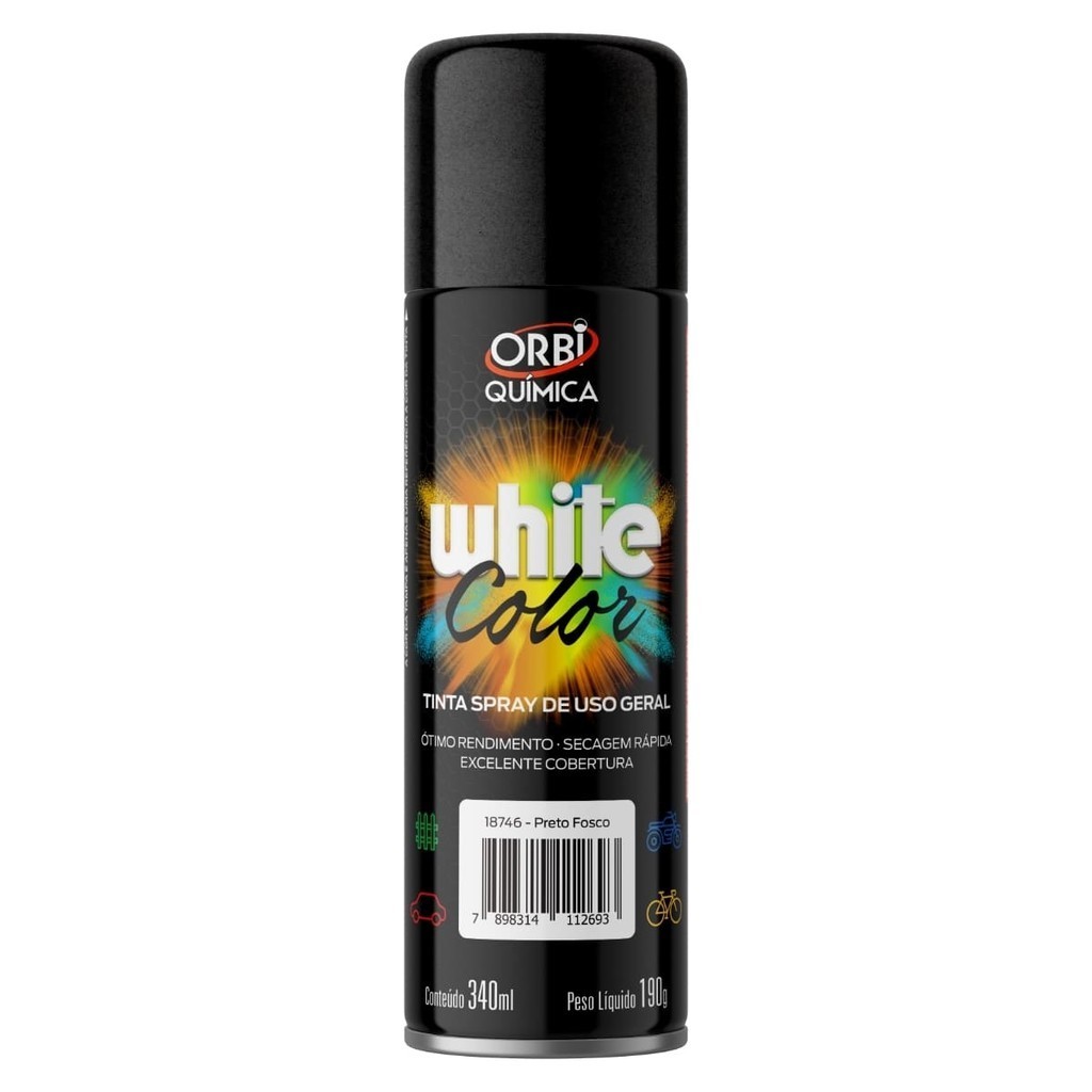 Tinta Spray Uso Geral 340ML Preto Fosco Orbi Artesanato Madeira Ferro Metal Automotiva
