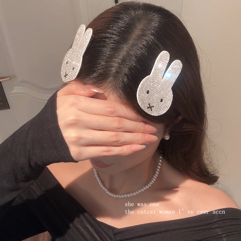 Super piscando diamante cheio Miffy coelho Velcro grampo de cabelo feminino bonito strass coelho franja adesivo