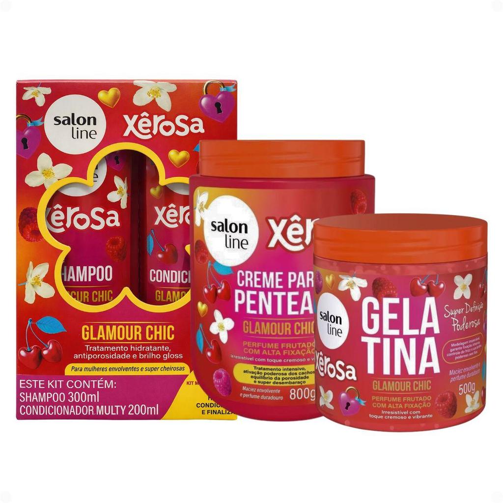 Kit Salon Line Xêrosa Glamour Chic: Shampoo e Condicionador Multy 200ml, Creme Para Pentear 800g e Gelatina Capilar
