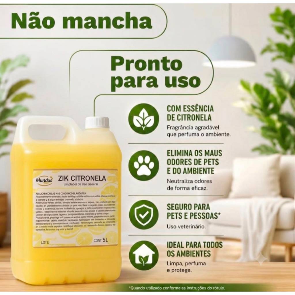 Citronela Zik Mundus 5 Litros Liquido Para Passar Pano Tirar Cheiro De Urina De Gato E Manter Pernilongo Longe De Casa