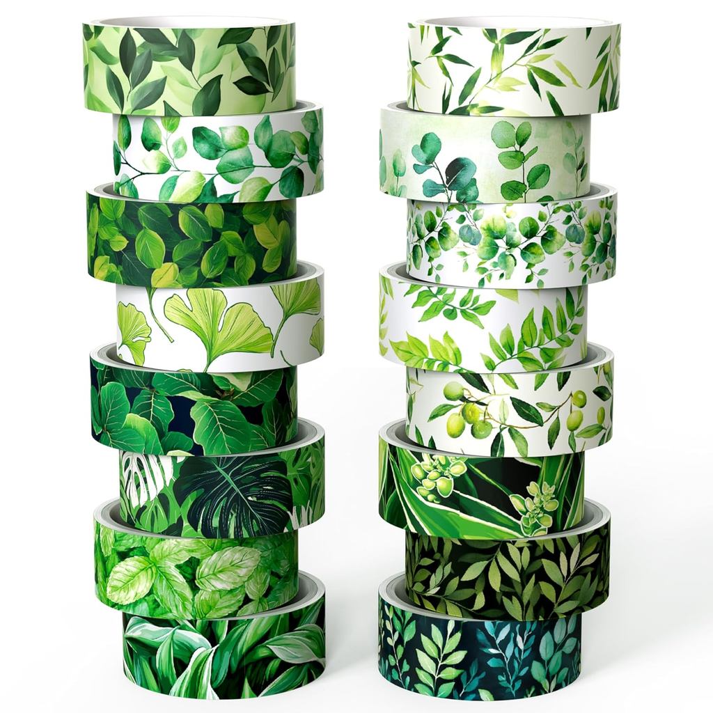 Botanical Green Washi Tape Set- 16 Rolls Leaf Themed Decorative Tape for Journals & Nature Crafts Scrapbooks (0.6