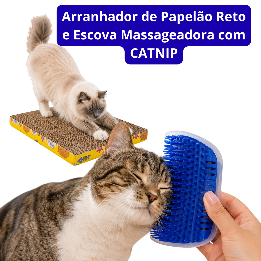 KIT Arranhador de Papelão Reto Para Gatos com Catnip + escova Massageadora de Parede Com Catnip