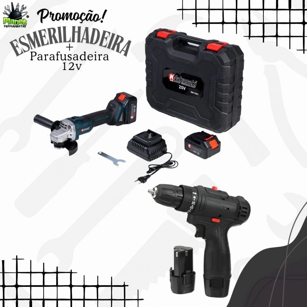 Kit Esmerilhaderia Angular a Bateria 25v + Parafusadeira a Bateria 12v