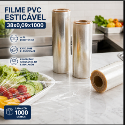 Filme PVC Esticável 38cm x 1000m Transparente para Embalar Alimentos Uso Profissional Caixa