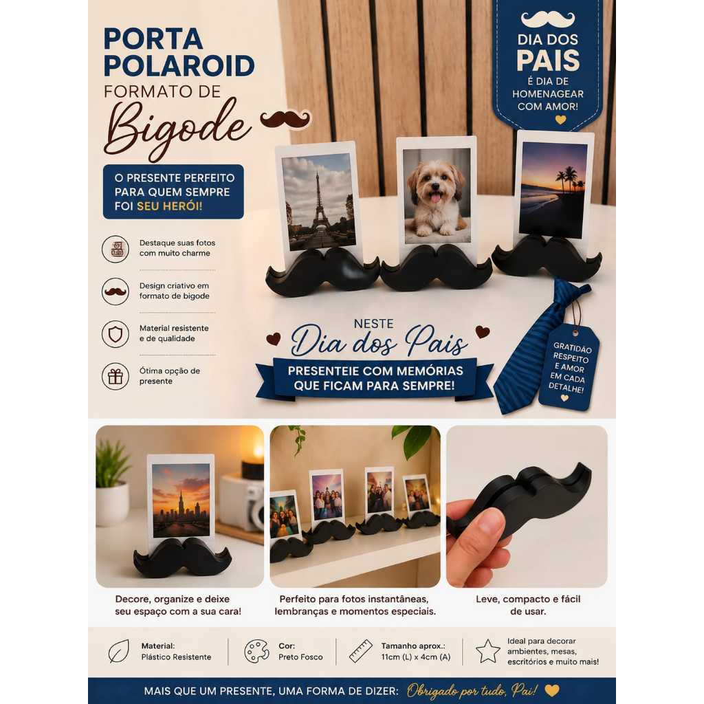 Porta Retrato Polaroid Bigode | Presente Dia dos Pais | Suporte para Foto Instax e Polaroid