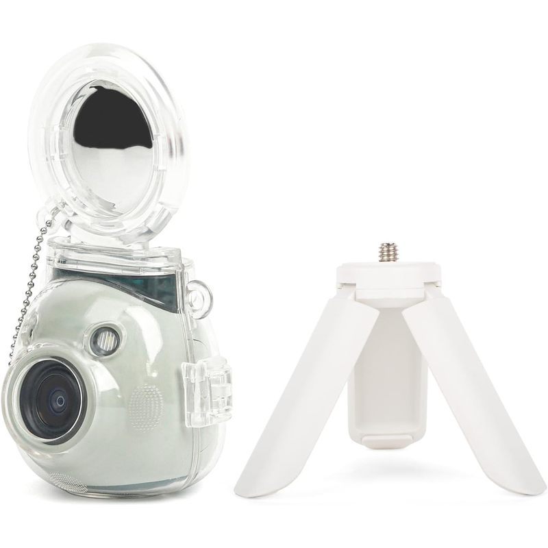Capa Transparente E Tripé Branco Compatível Com Câmera Instantânea Instax Mini Pal , Protetora Fuji Espelho Selfie Acess