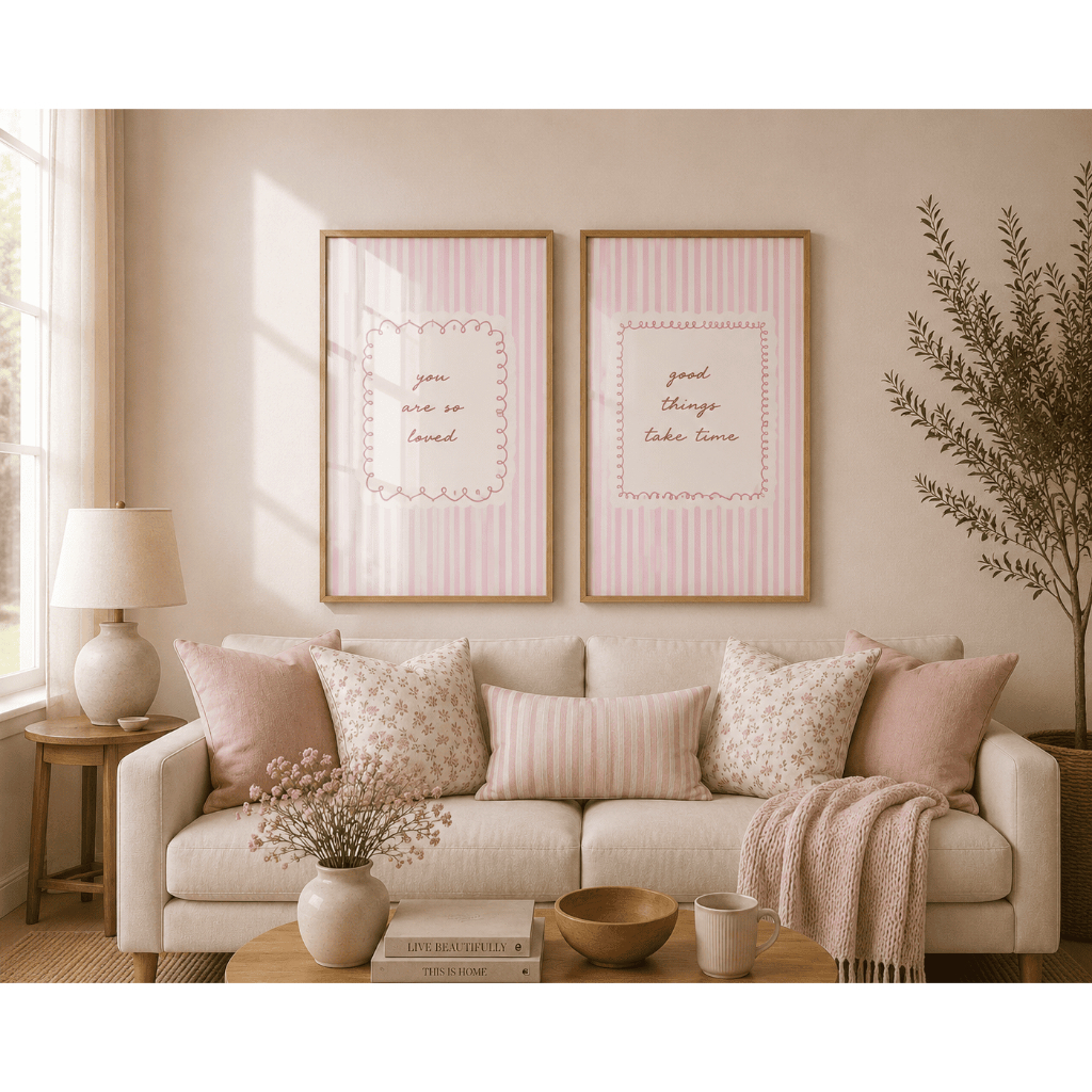 Kit 2 Quadros Decorativos Frases Motivacionais You Are Loved Good Things Listras Rosa Para Quarto Menina Bebê Sala