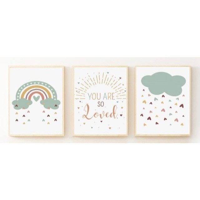 Quadros Decorativos Baby You Are So Loved Nuvem de Corações Tons Pastéis MDF (3 peças)