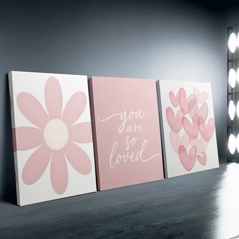 Kit 3 Quadros Decorativos Infantil Bebê Menina Flor Coração Rosa You Are So Loved Quarto