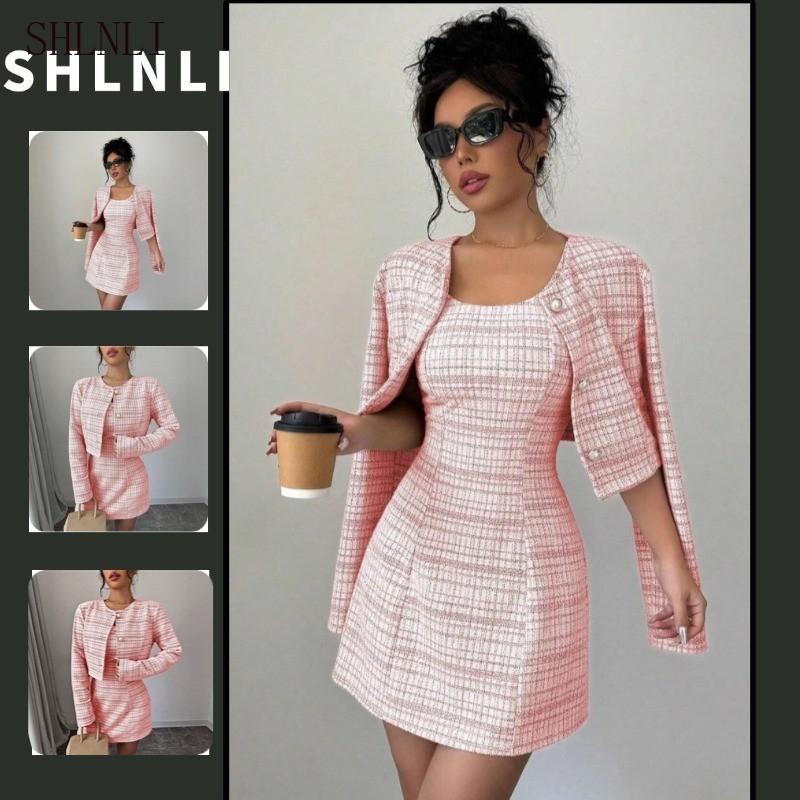Conjunto Feminino De Tweed De 2 Peças , Jaqueta Recortada De Manga Comprida , Sem Mangas , Bodycon , Mini Vestido