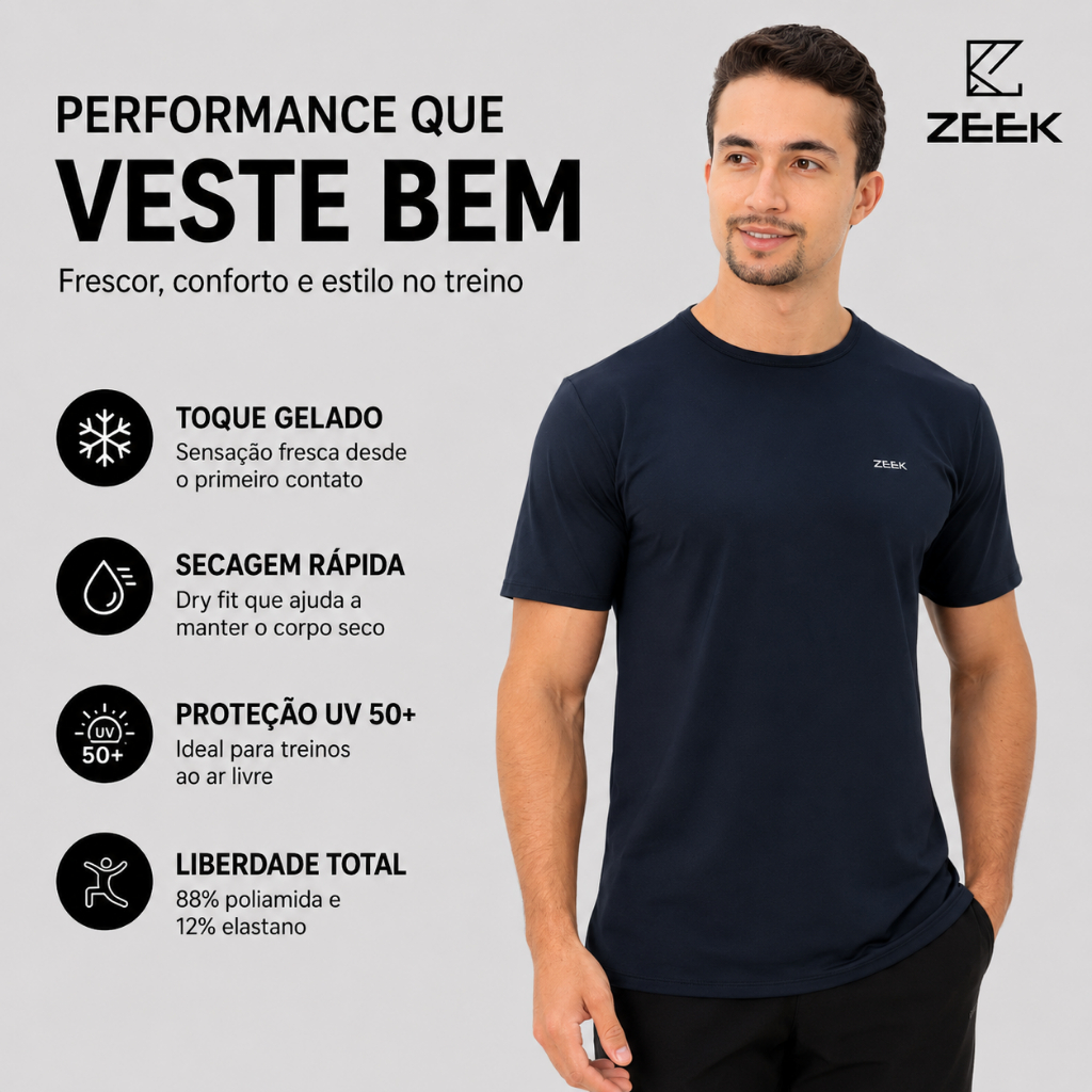 Camiseta Dry Fit Masculina Poliamida com Elastano Academia Corrida Slim Fit Toque Gelado UV50+