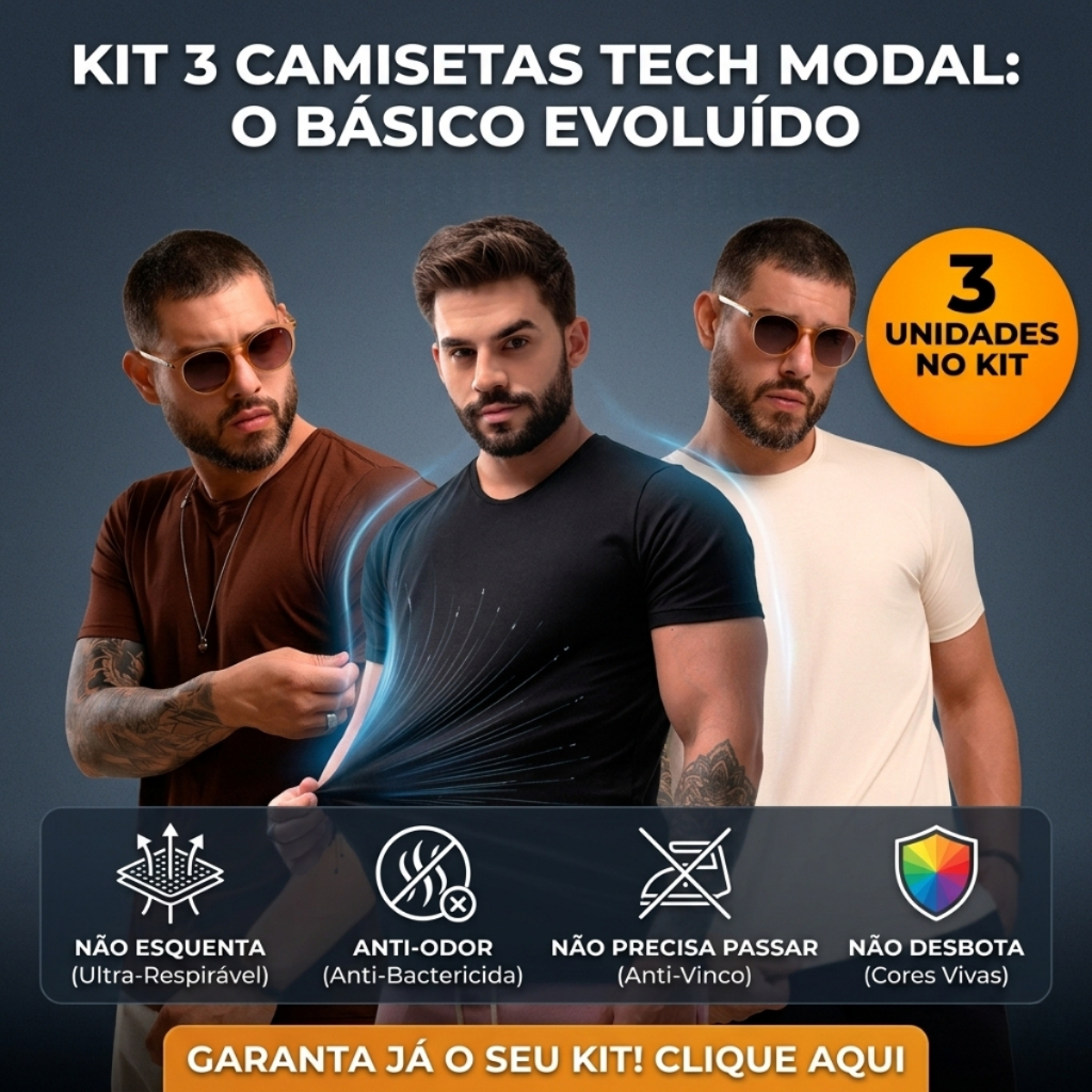 Kit 3 Camisetas Tech Modal Elastano Masculinas Basica Super Premium Não amassa Anti-Odor Estica
