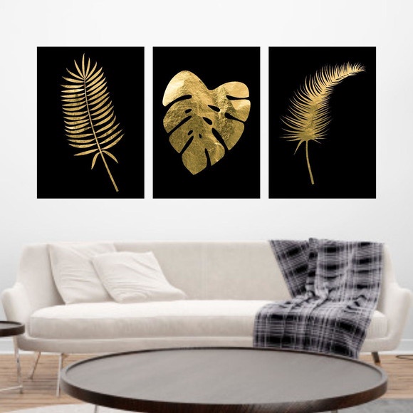 Kit 3 Quadros Folhas Tropicais Dourado 24x18cm