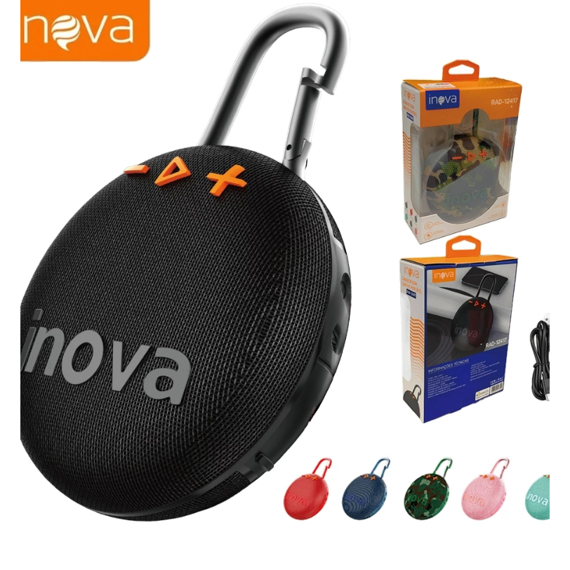 Inova Caixa de som Bluetooth portátil clip 5 com alça ao ar livre, FM, USB, TWS, 5W - para praia, festas ou viagens
