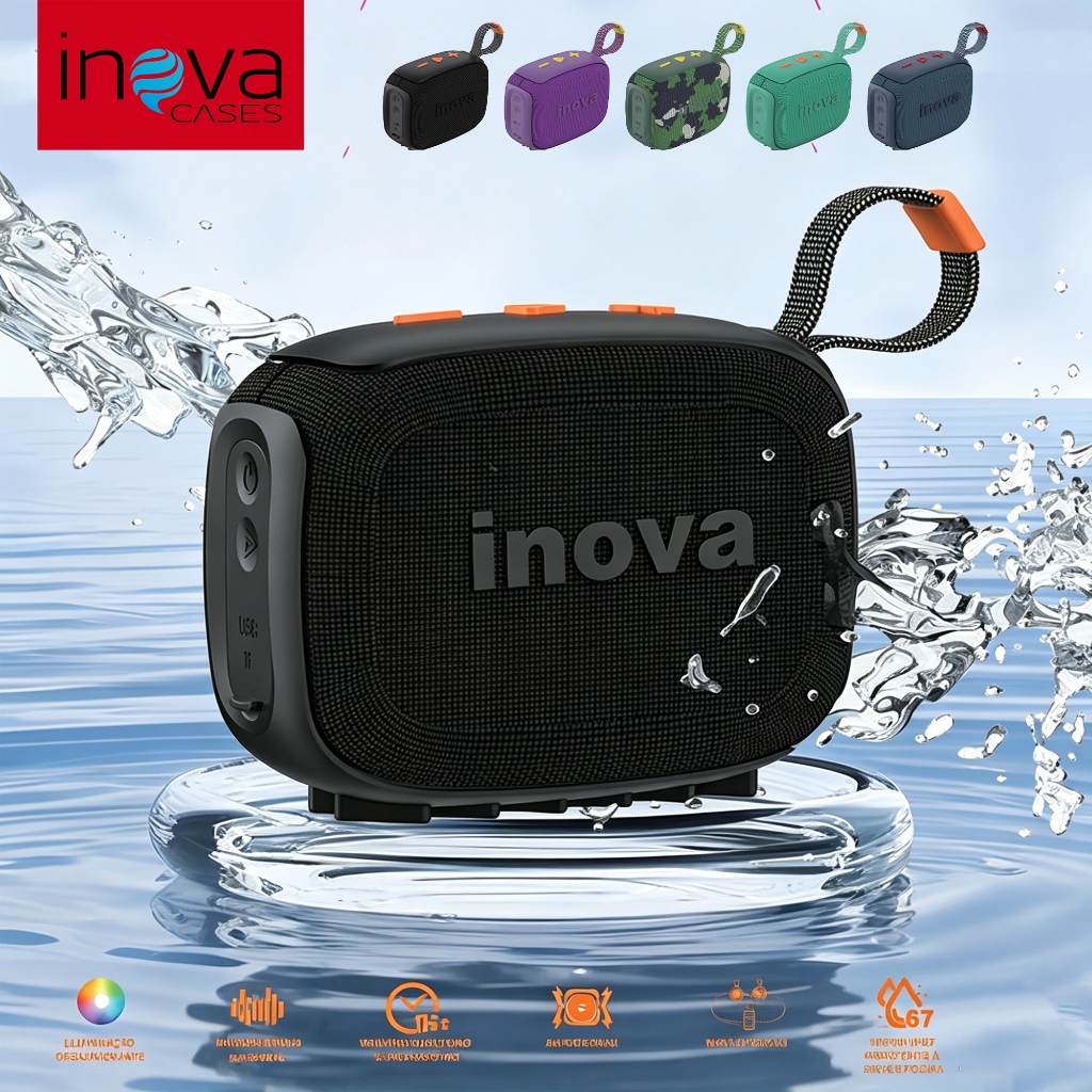 Inova Caixa de som Bluetooth portátil go5 com alça ao ar livre, FM, USB, TWS, 5W - para praia, festas ou viagens