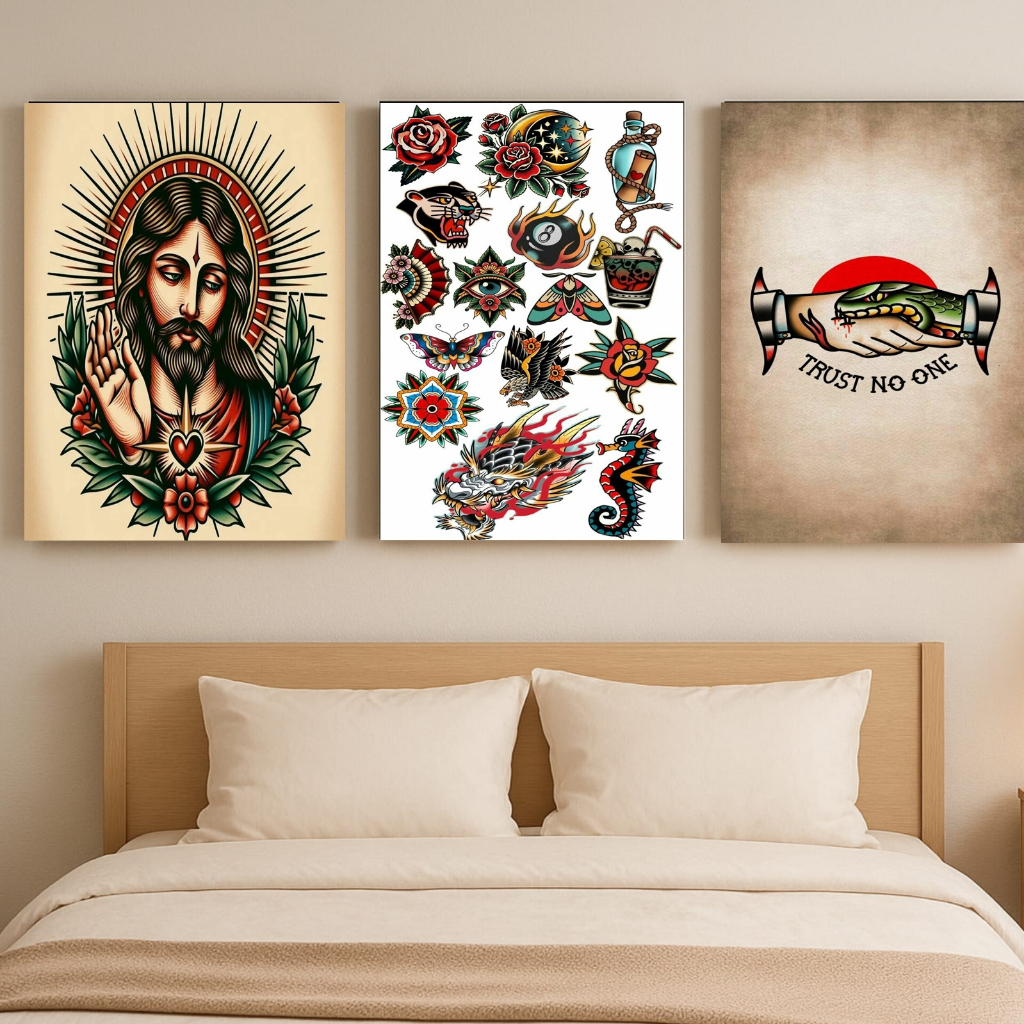 KIT 3 Quadros Decorativos Tattoo Old School 20x28cm em MDF – Estilo Retrô Vintage Rock tatuagem tatu tatooo tattoo