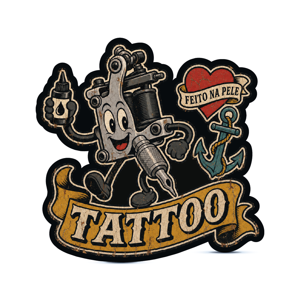 Placa Decorativa em ACM Tattoo Mascote Máquina de Tatuagem Retrô Vintage Recorte Especial Decoração Estúdio Tatuador