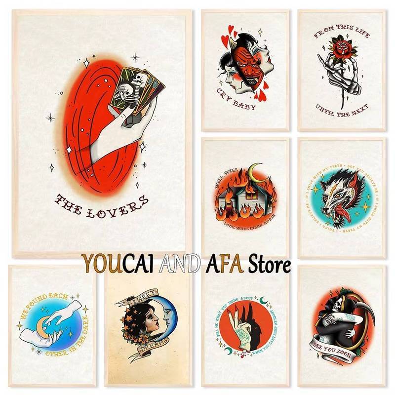 Tatuagem Ilustração Cartaz Do Vintage Sem Moldura Lona Arte Da Parede Pintura Loja Estúdio Quarto Decoração
