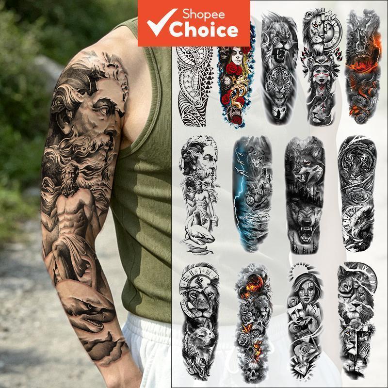 Adesivo De Tatuagem Temporária À Prova D'água Masculino , Braço Inteiro , Zeus , Leão , Tigre , Lobo , Caveira , Vintage