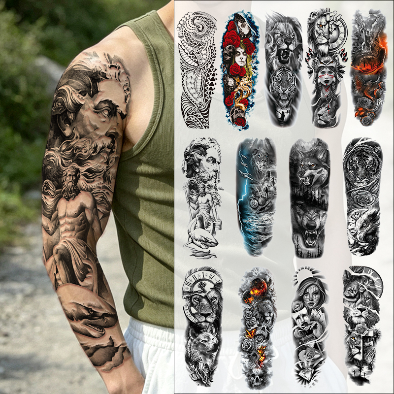 Adesivo De Tatuagem Temporária À Prova D'água Masculino , Braço Inteiro , Zeus , Leão , Tigre , Lobo , Caveira , Vintage