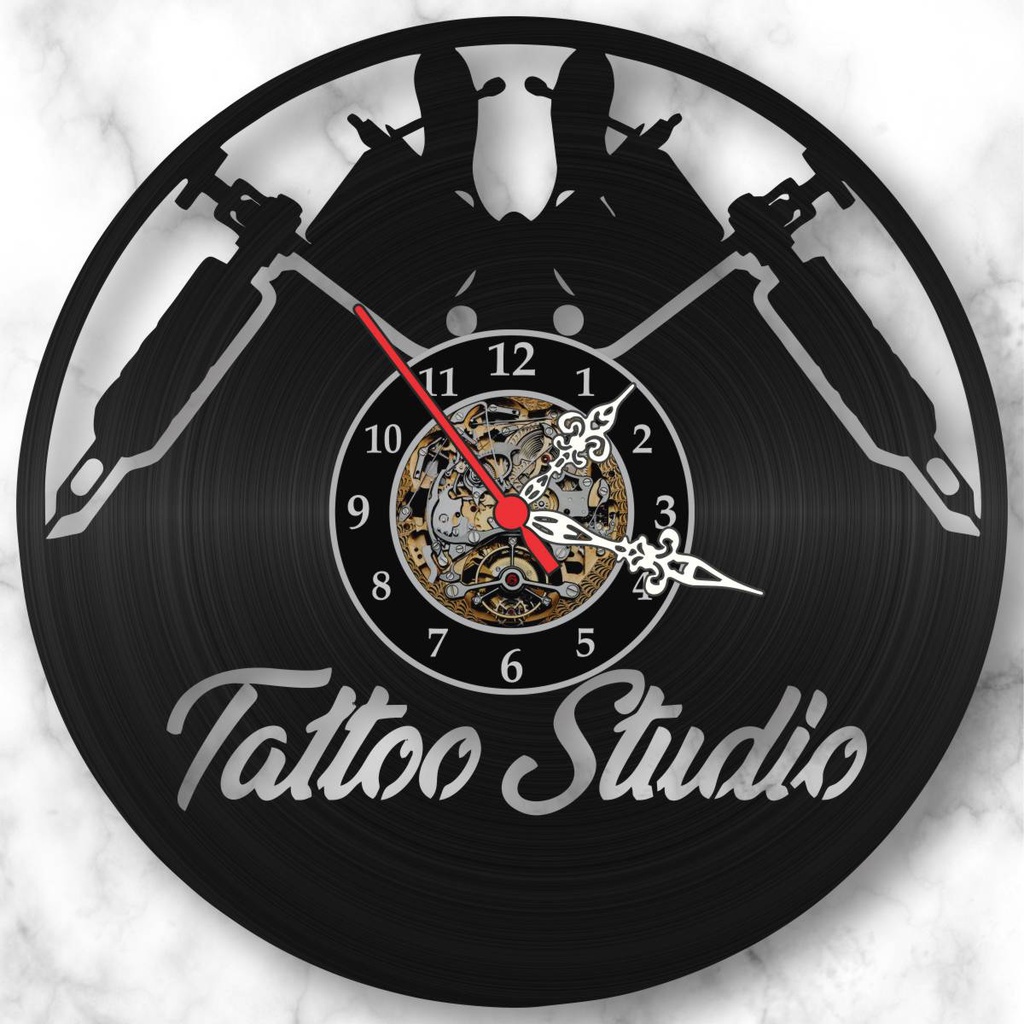 Relógio de Parede Disco de Vinil Estúdio Tatuagem Tatoo Decorativo Retrô Vintage Quarto Sala Cozinha