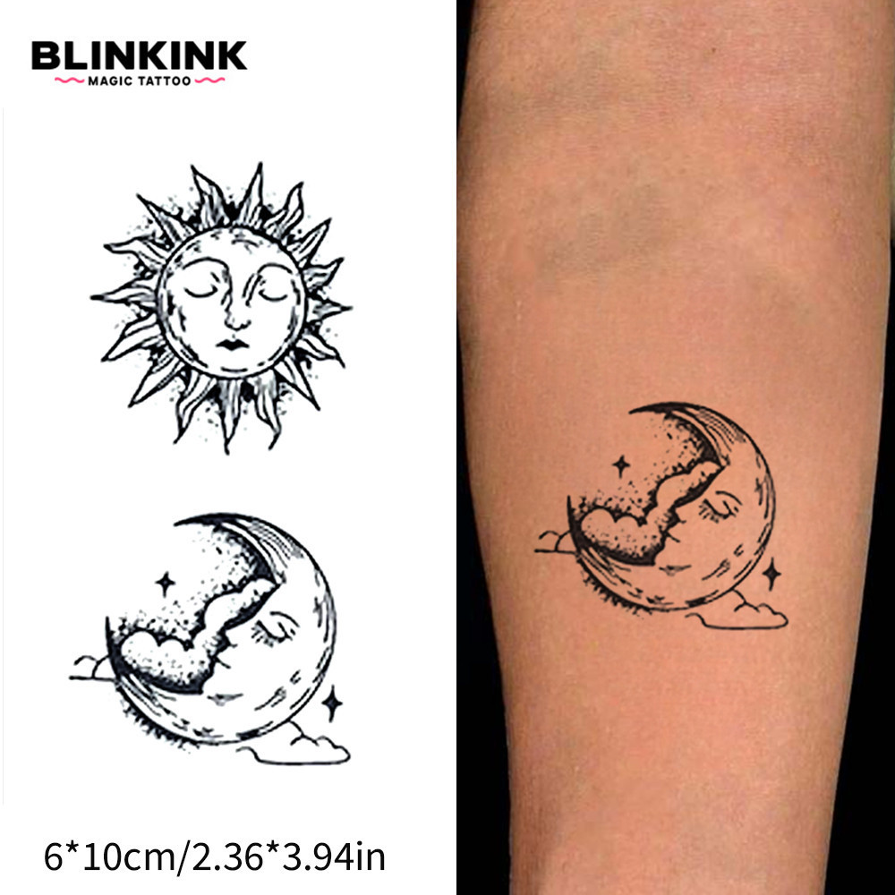 Tatuagem Temporária De Ervas Linha Vintage Arte Sol E Lua À Prova D'água Com Duração De 2 Semanas