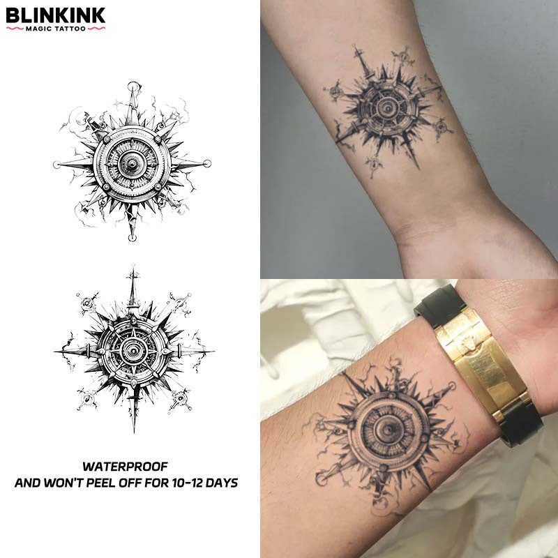 Adesivo De Tatuagem De Bússola Estilo Mecânico Vintage Com Linhas Finas , À Prova D'água De Longa Duração