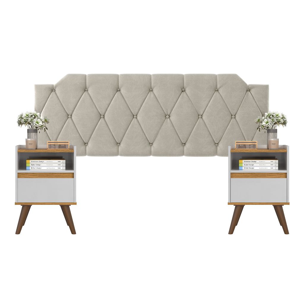 Conjunto Mesa De Cab Com Gaveta + Cabeceira Estofada Box Para Cama Queen KELLY E KIT TED BRA/FREIJÓ